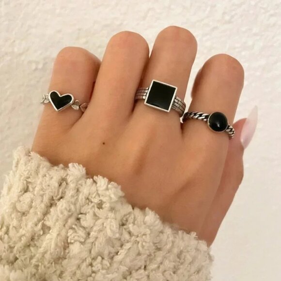 Jewelry - 925 Sterling Silver Geometric Black Ring Heart Square Circle Ring Dainty Ring